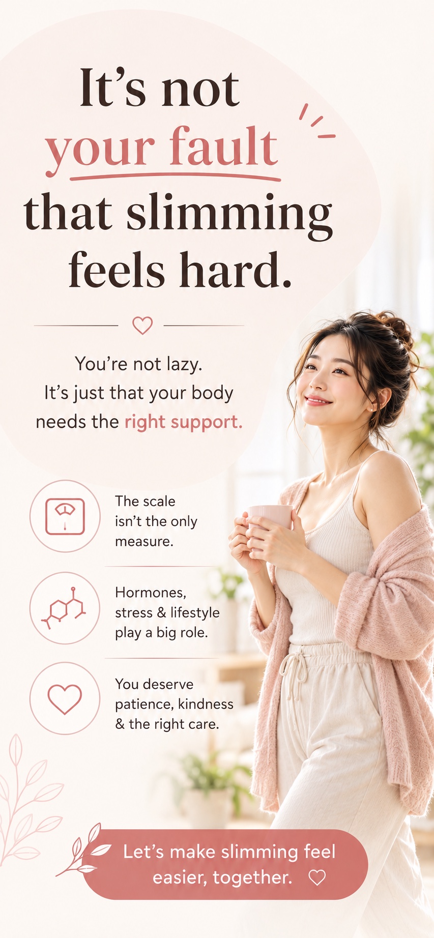 Encouraging message that slimming can feel hard, with a smiling woman holding a warm drink.